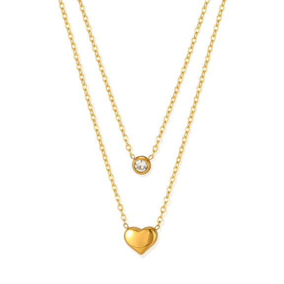 Wisbal 18K Gold Plated Heart Pendant Necklace Titanium Steel CZ Layered Choker Tiny Puffy Heart Trendy Simple Neckalce