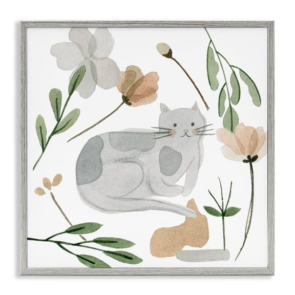 Stupell Industries Eclectic Comfy Cat Varied Botanicals Gray Framed Giclee Art, 12 x 12, by Melissa Wang