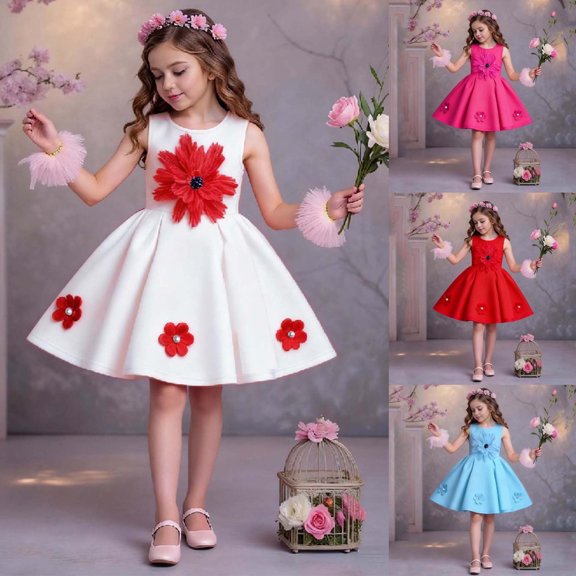 Afuyipoi Girls 3D Floral Princess Dress (0-6 Years) Soft Breathable Fabric 3D Floral Embellish Sleeveless Strap Style Flowy Princess Skirt Summer Play Party Wear White Size 3T