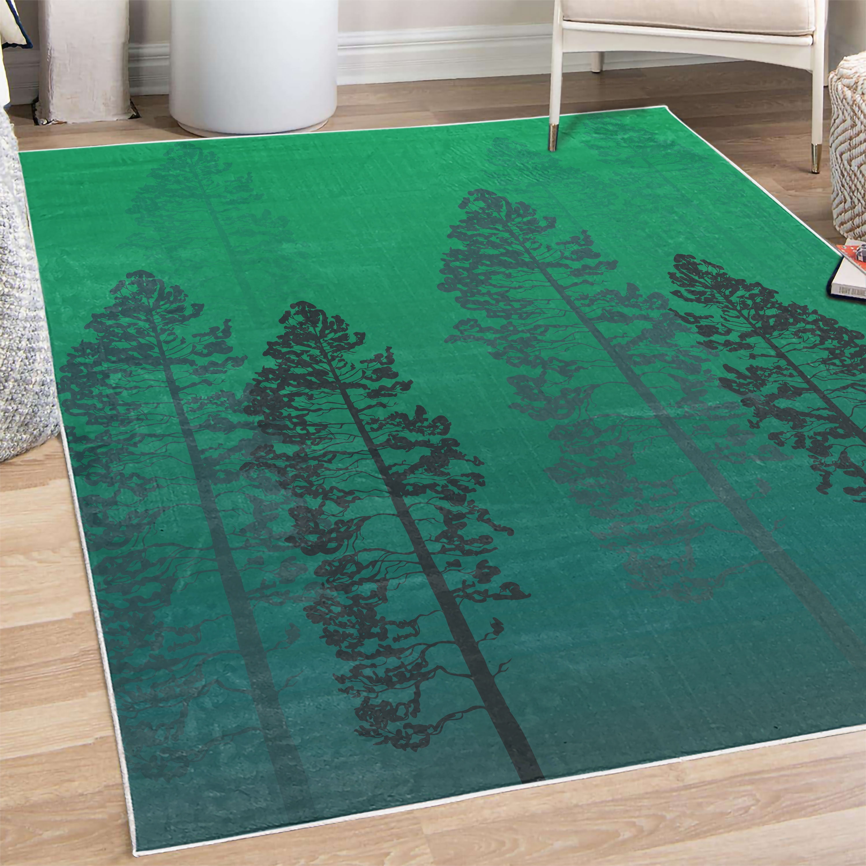 Spruce Tree Rug Country Decorative Rug, Pine Trees in the Forest on Foggy Seem Ombre ...