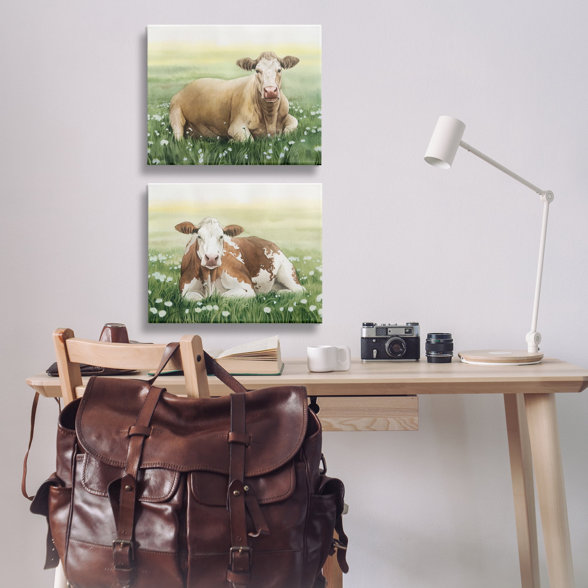 Stupell Industries Cows Resting in Flower Field Animals Painting Wrapped Canvas Art Print Wall Art, 20 x 16, Set of 2