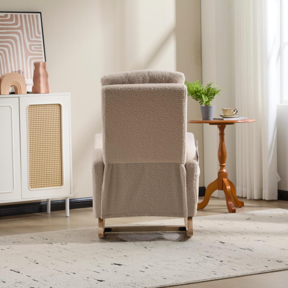 Modern Rocking Chair with High Backrest, Footrest & Side Pocket, Upholstered Nursery Glider for Living Room, Beige