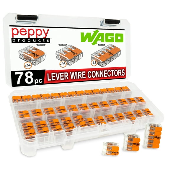 WAGO 221 LEVER NUTS 78pc Compact Splicing Wire Connector Assortment with Case. Includes (34x) 221-412, (26x) 221-413, (18x) 221-415