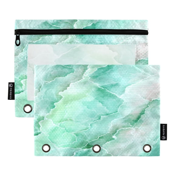2 Pack 3 Ring Binder Pouch with Clear PVC Window Water Resistant Zipper Pencil Pouch Calm Mint Marble Pattern Binder Pocket for Classroom Office Home Stationery Organization