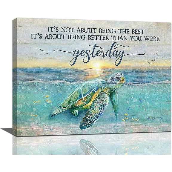 Sea Turtle Decor Wall Art Beach Ocean Decor Sea Turtle Pictures Canvas Prints Coastal Turquoise Turtle Bathroom Wall Decor Inspirational Quote Painting Modern Artwork Home Decor for Bathroom 16"x12"