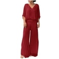 thumbnail image 3 of Plus Size 2 Picec of Outfit Sets for Womens V-neck Solid Color Short Sleeve Wide Legs Split Fork Loose Pants, 3 of 7