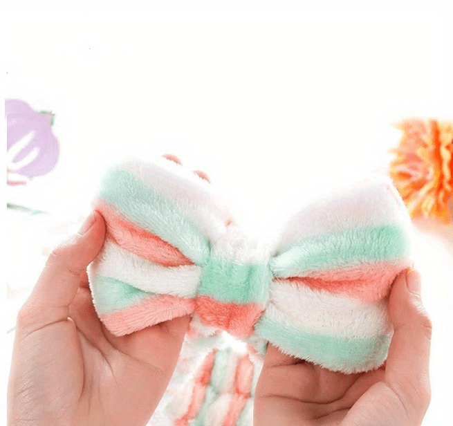 6-Pack Cute Flannellette Bow Hair Bands for Women, Adjustable Elastic Hair Ties, Soft Coral Fleece, Butterfly Print, Spa Hair Accessories for Makeup, Face Washing, and Shower