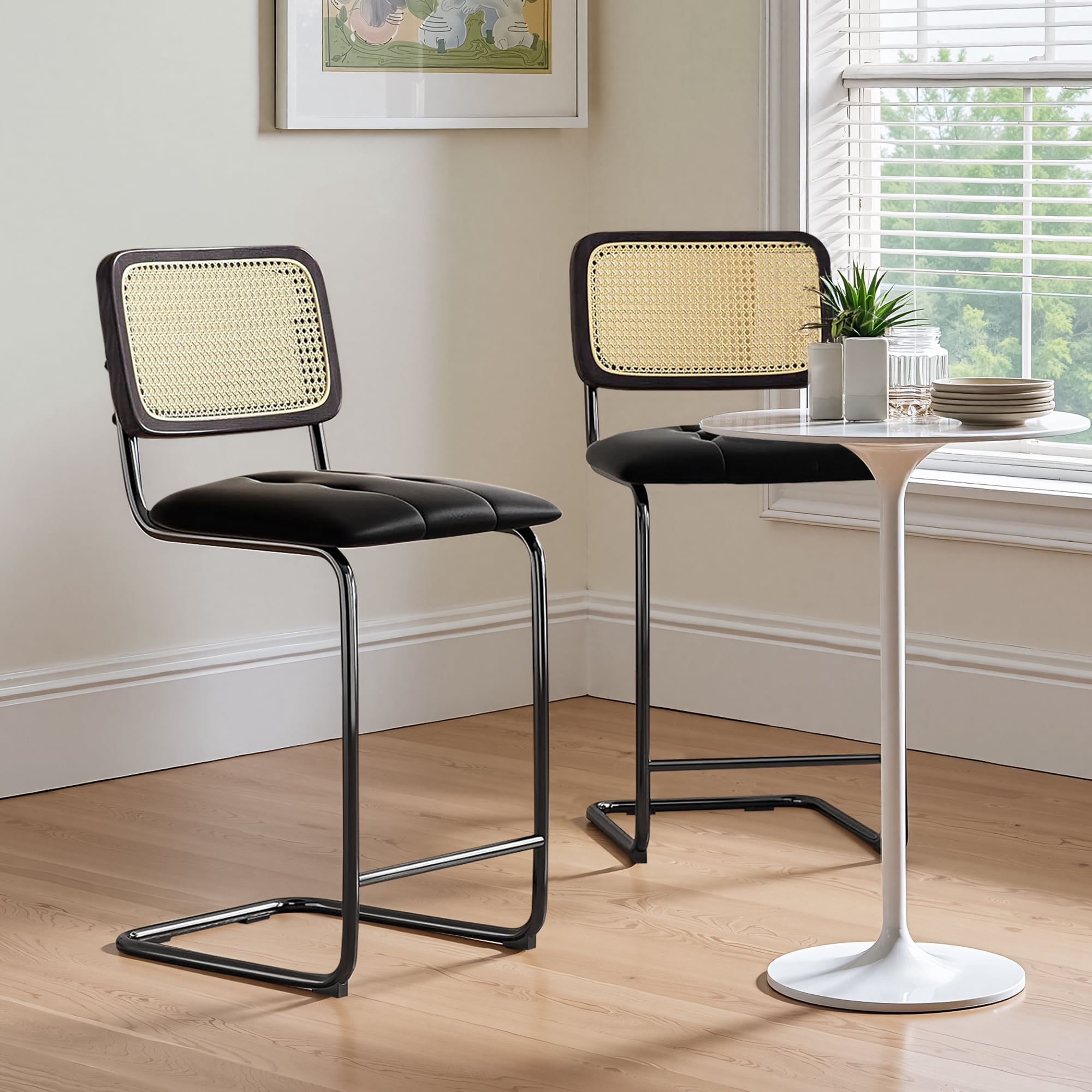 MAYEERTY 26" Black Counter Height Bar Stools Set of 2, PU Leather & Rattan Back, for Dining Areas