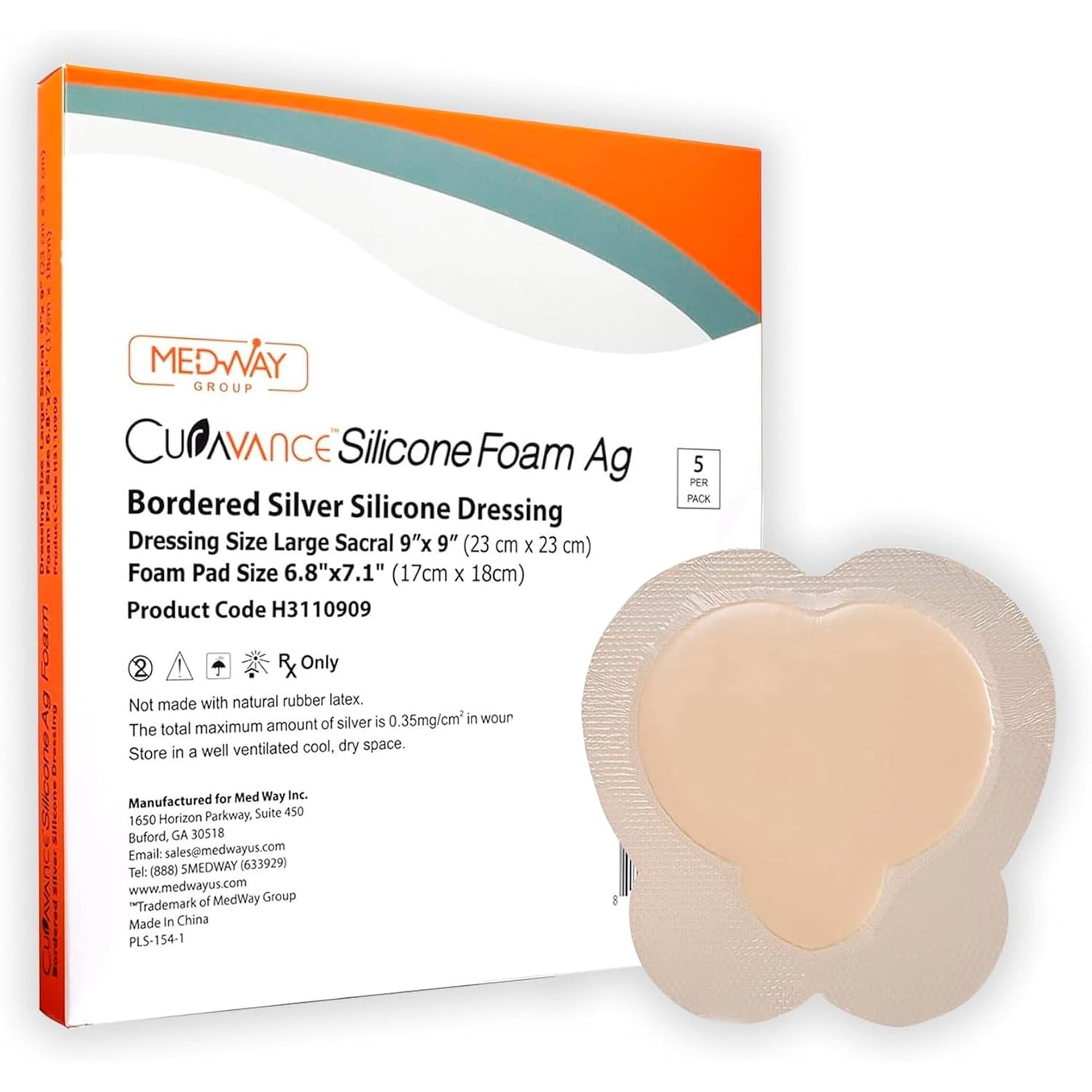 Bordered Silver Silicone Ag Sterile Highly Absorbent Antibacterial Dressing, Sacral,Sacrum, 9"x 9" (6.6"x 6.4" Pad), 5 dressings/Box, MedHeal by MedvanceTM