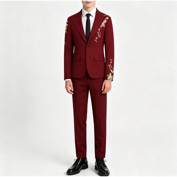 YUANxueke Boys 3-Piece Suit Sets Sequin Floral Printed Blazer Jacket & Dress Pants & Tie Formal Slim Fit Outfits for 8-14 Years
