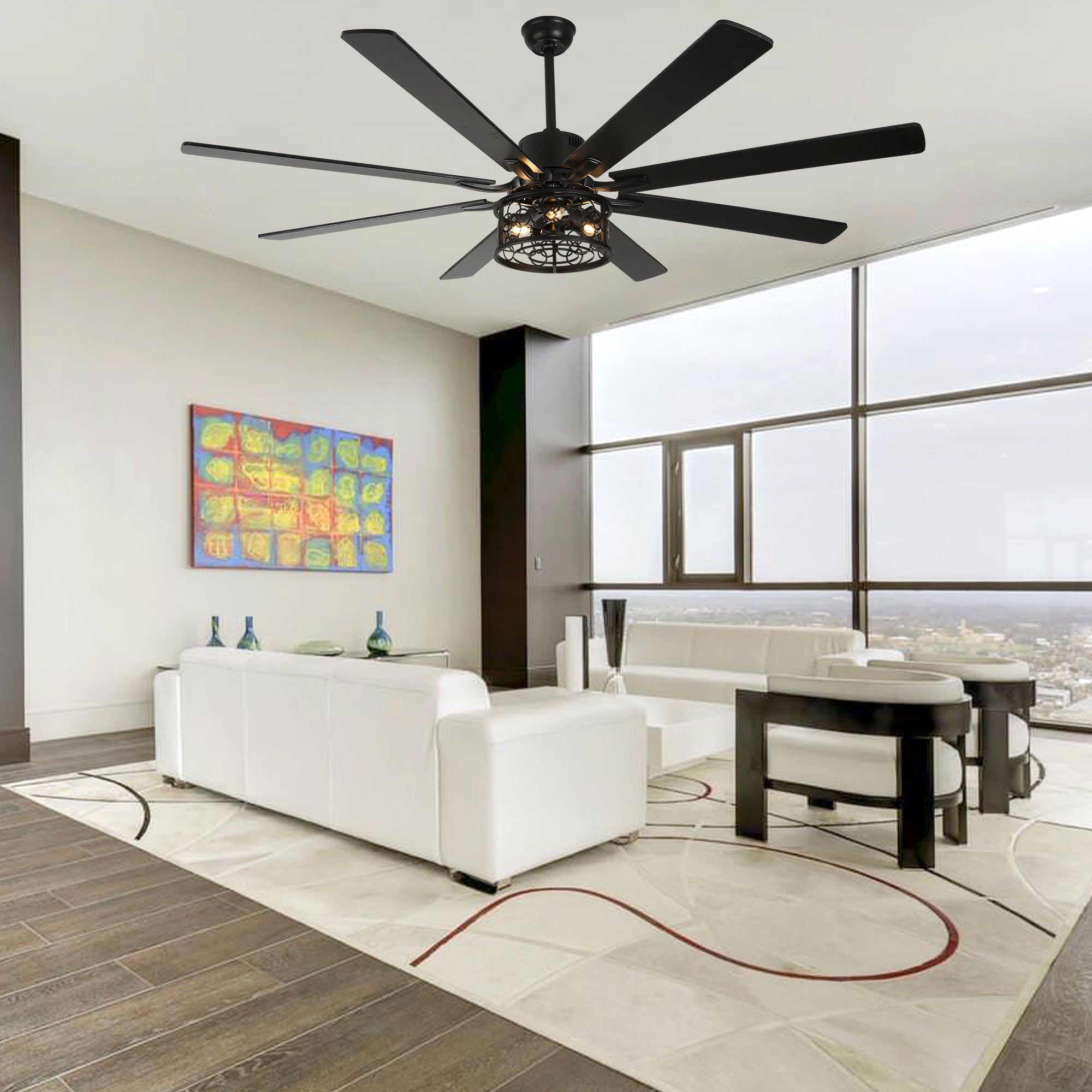 Bella Depot 72" Ceiling Fan 6-speed Farmhouse Metal Cage 3-Light Chandelier with Remote