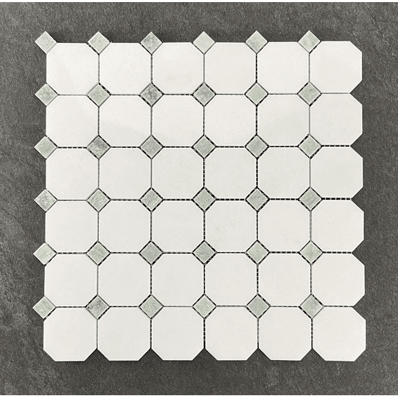 10-Pieces of Thassos White Octagon and Ming Green Dot Marble Mosaic Tile