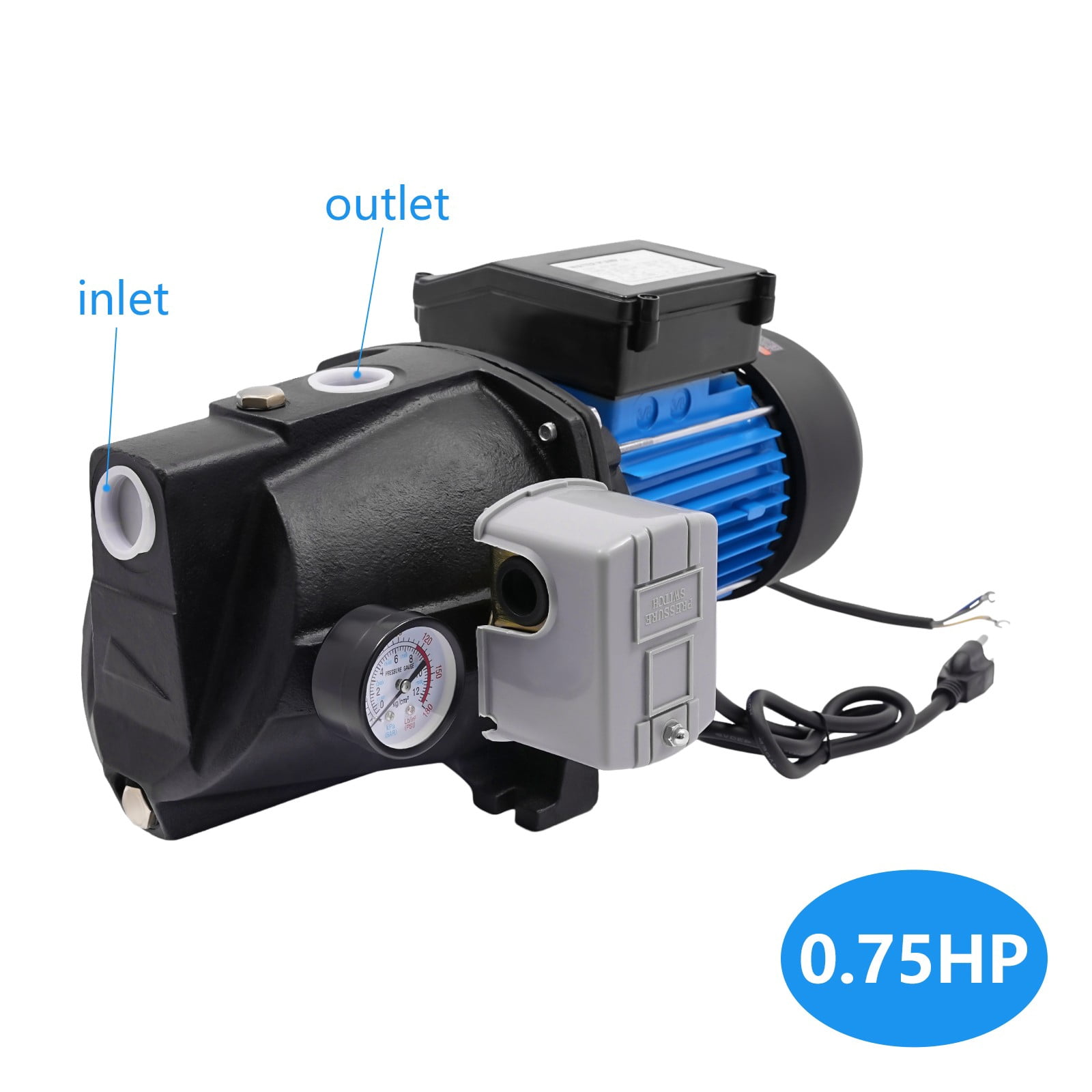 ToppiJoy 110V 0.75HP Shallow Well Pump with Ejector Kit Cast Iron Jet Water Pump, Well Depth Up to 25ft, Automatic Pressure Switch, Water Pump for Farm Lawn Garden