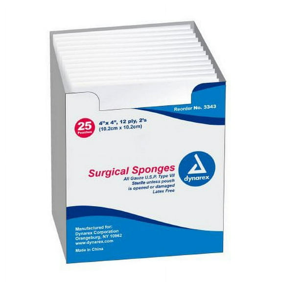 Dynarex Gauze Sponge Gauze 12-Ply 4 X 4 Inch Square Sterile, 3343 - Case of 1200