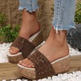 thumbnail image 3 of Rokment Leopard Platform Slip on Dress Sandals for Women Trendy Leather Studded Open Toe Chunky Wedge High Heels Beach Casual Comfortable Walking Slippers Vacation Coffee Size 9.5, 3 of 5