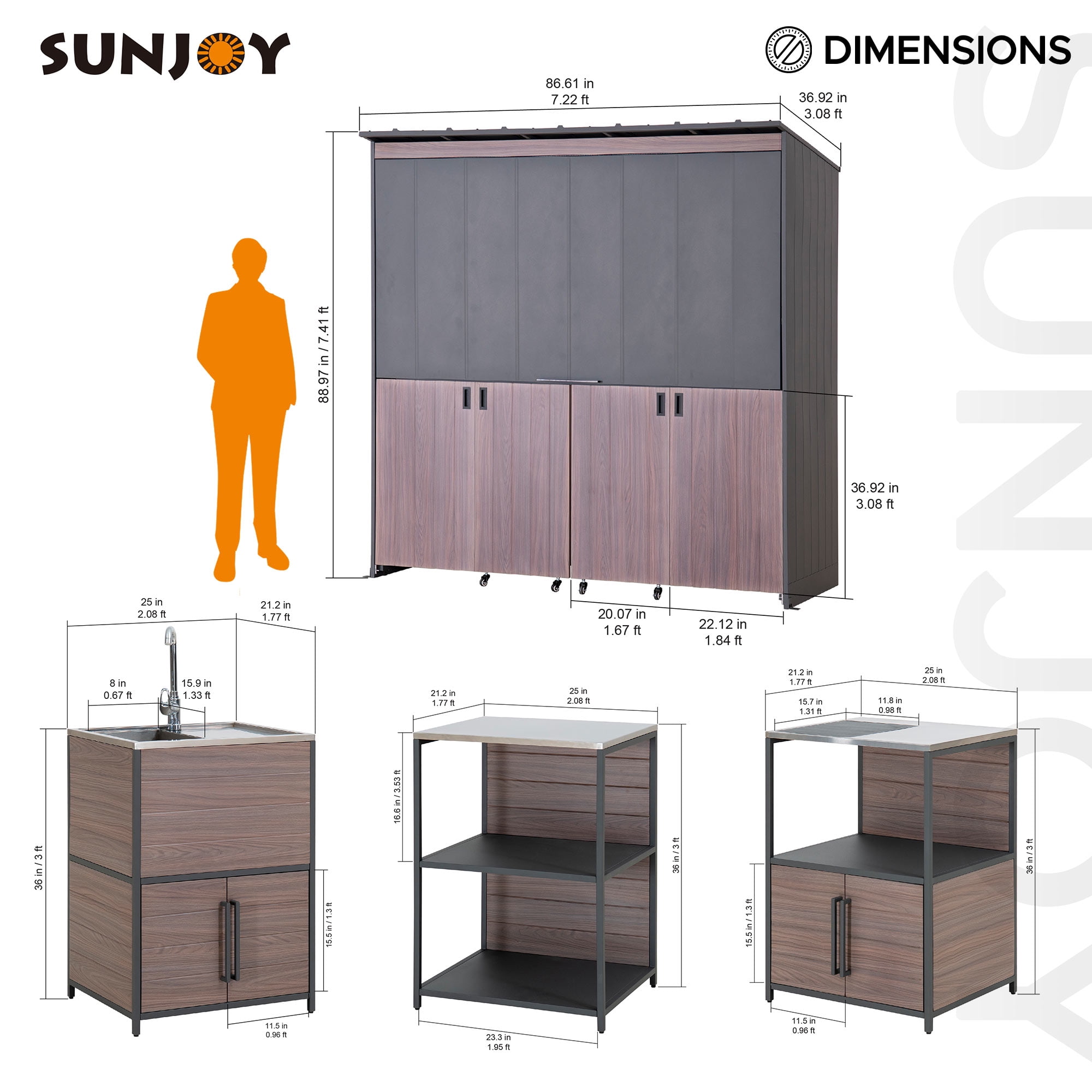 Sunjoy Outdoor Kitchen, 4-Pieces Grill Kitchen with Sink, Open Storage Shelf and Island Counter