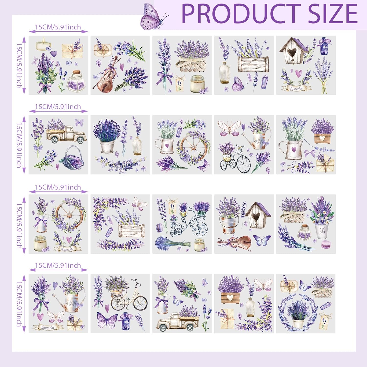 20 Sheets Lavender Rub on Transfers for Crafts and Furniture Purple Floral Rub on Transfers Stickers Vintage Flower Decals for DIY Wood Home Paper Decor, 5.9 x 5.9 Inch