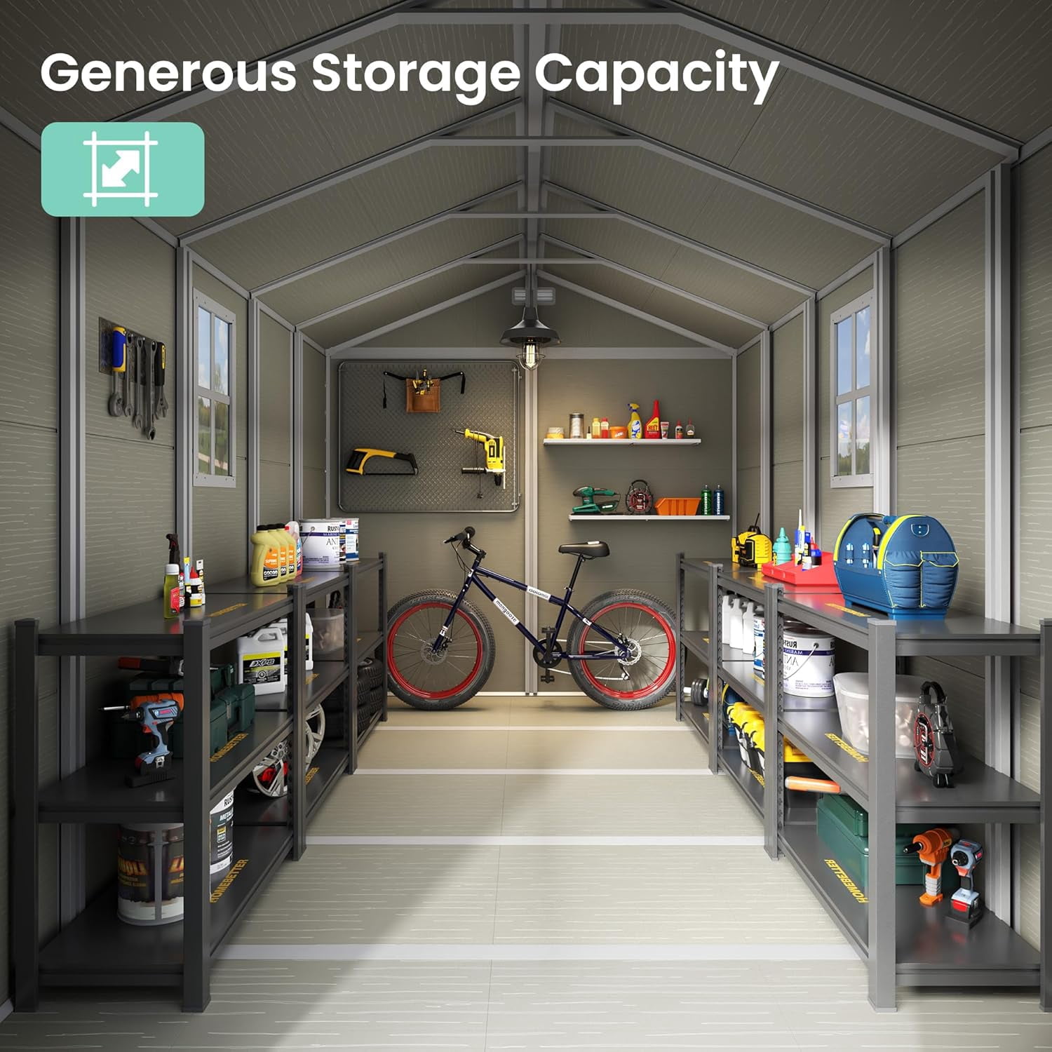 MRUAKA Storage Shed 8×10 FT, Resin Sheds & Plastic Outdoor Storage with Floor Outdoors Garden Tool Shed Tuff Outside Patio Shed with Lockable Door for Bike,Beige,