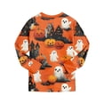 thumbnail image 5 of UAYOTSE Little Girls Halloween Pjs 2‑Piece Set Long Sleeve Crewneck Top Jogger Sleep Pants Orange‑Base Ghost Pumpkin Haunted House Graphic Kids Night Outfit Size 7-8 Years, 5 of 9