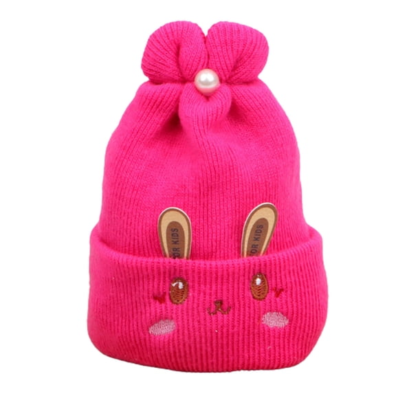 UDIYO 0 6 Months Knitted Hat Rabbit Ears Embroidery Face Pleated Top Imitation Pearl Decor Stretchy Ear Thicker Autumn Winter Baby Girls Boys Beanie Cap for Trip