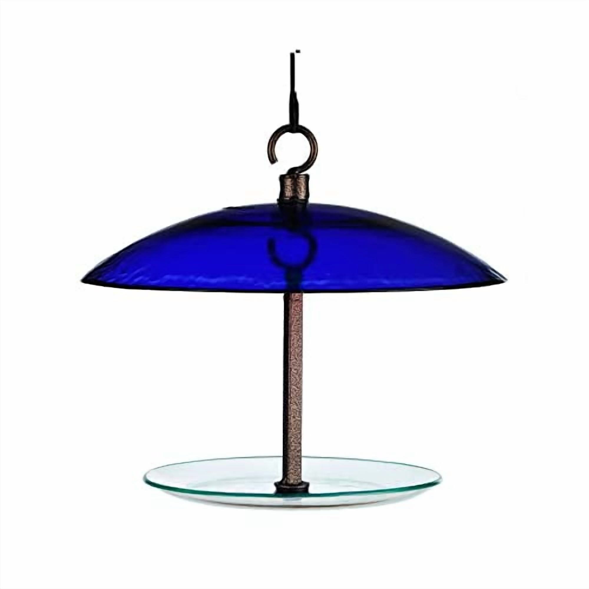 Mosaic Birds 360 Degree Petite Seed Cylinder Bird Feeder, Hanging Glass Dome Feeder for Outdoors, Cobalt Blue, 11 Inch