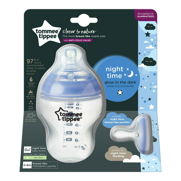 Tommee Tippee Closer to Nature Night-time Baby Bottle & Breast-Like  Pacifier, Glow in the Dark Rings 