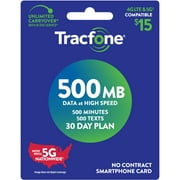 Tracfone $15 Smartphone 30 Day Prepaid Plan, 500 Min/500 Txt/500 MB Data Direct Top Up