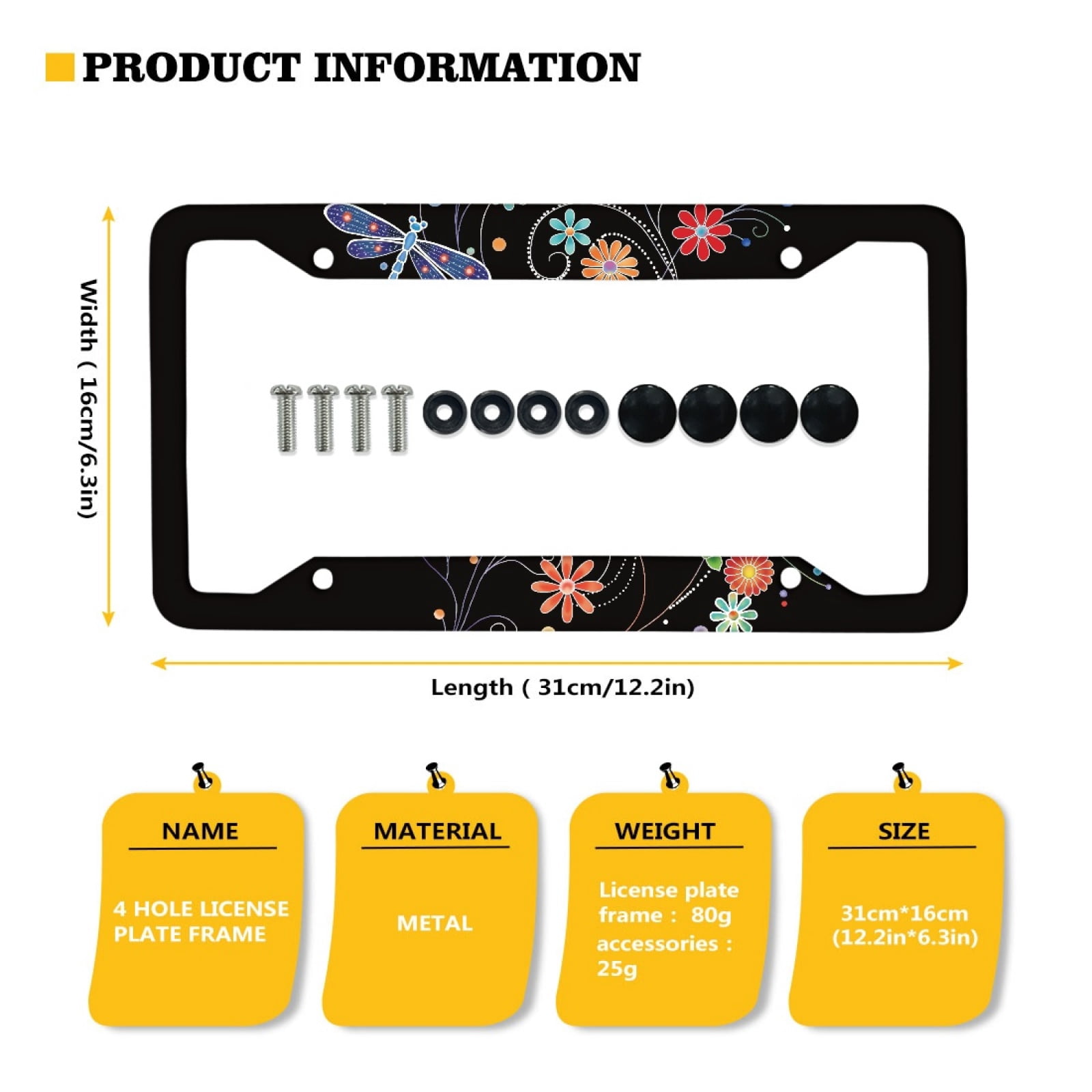 Renewold Dragonfly Flower Colorful Car License Plate Frame Auto Decorative Accessories Plate Holder with Screws, Car Accessories Applicable to Standard US License, Set of 2