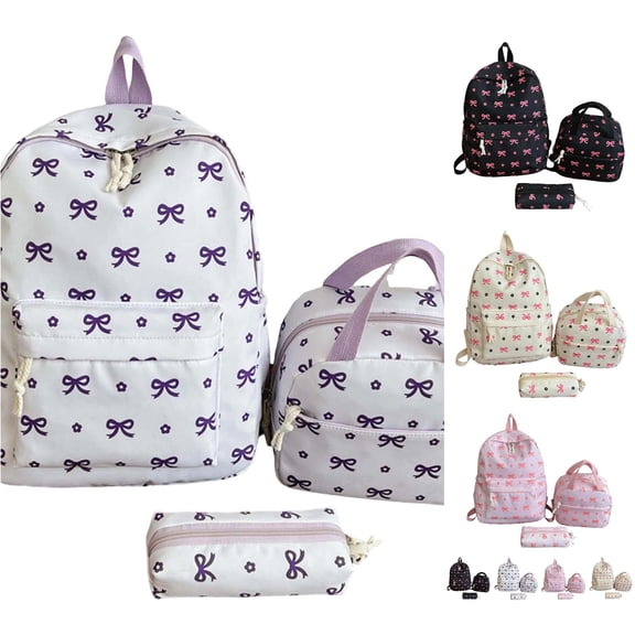 WAYUTE Backpack for Kids Lightweight Floral Bow 3 Pcs Backpack Set for Spacious Everyday Use with Comfortable Straps for Commuting Bookbag Casual Outdoor Travel