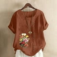 thumbnail image 2 of Pisexur Hauts Surdimensionnés en Coton pour Femmes, Col Rond, Imprimé Floral, Hauts en Lin pour Femmes, Manches Courtes, T-Shirts en Mélange de Coton, 2 of 4