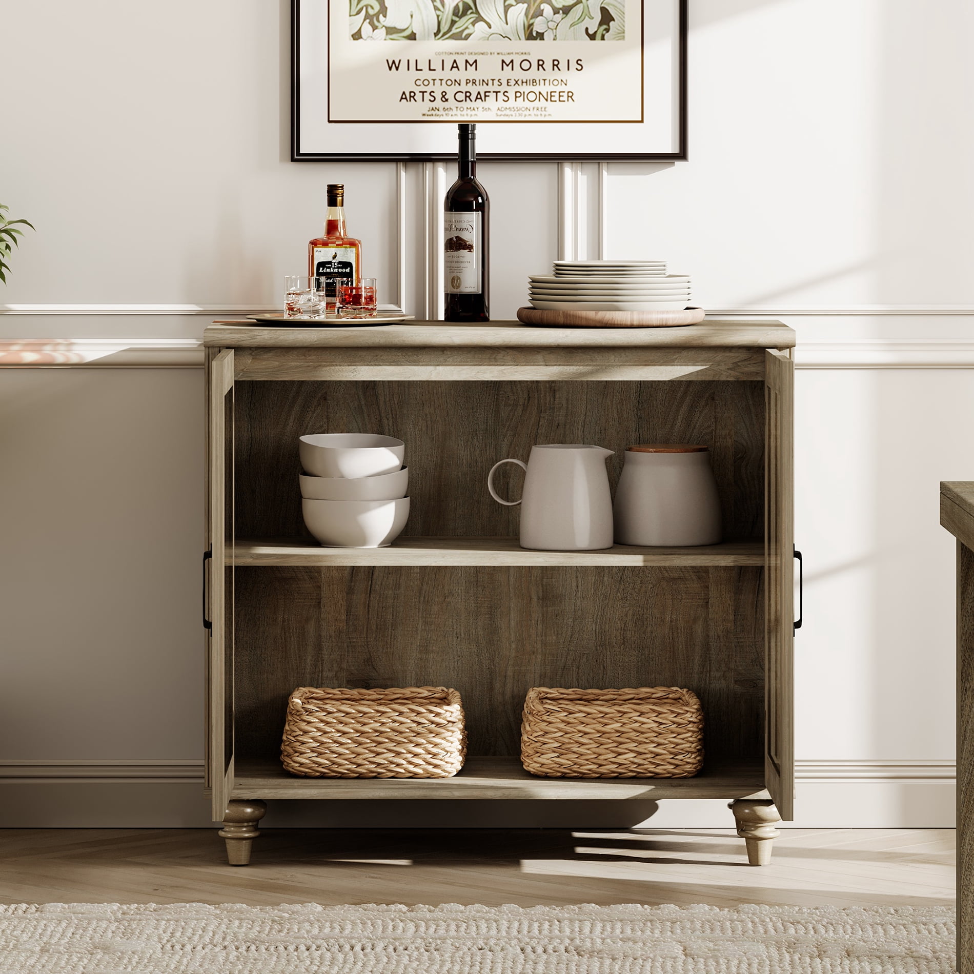 Buffet Cabinet with Glass Door, Kitchen Storage Cabinets with Adjustable Shelf, 34 inch, Wash Gray