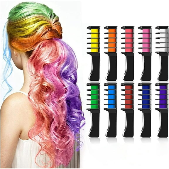 Hair Chalk Combs, 10 Colour Temporary Hair Dye for Girls, 100% Non Toxic Washable Hair Colour Pens DIY Gift Kids Birthday Party, with 32 Tattoo Stencils 4 Glitter