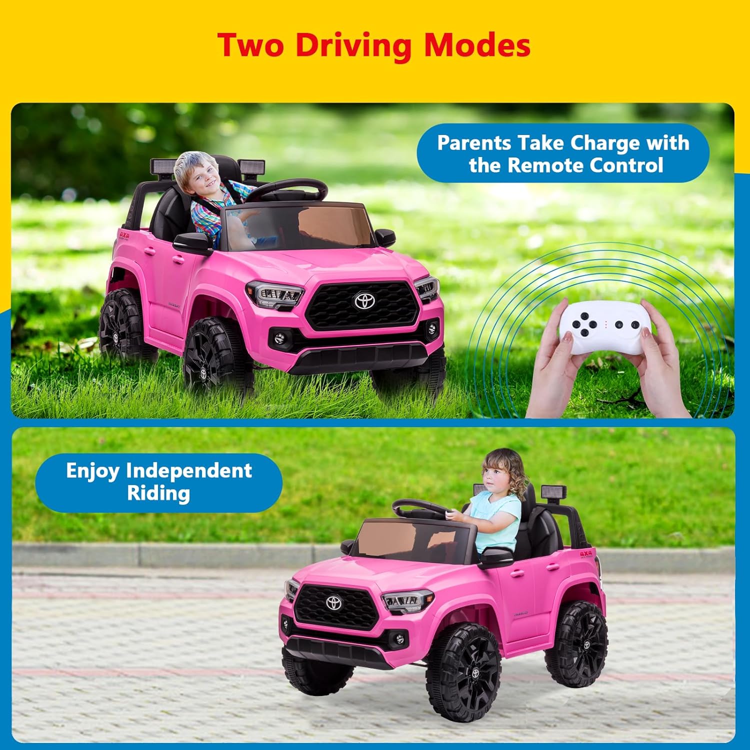12V Licensed Toyota Tacoma Electric Car with Remote Control, Spring Suspension, Safety Belt, 2-Speed Ride-On Vehicle with Headlights, Pink