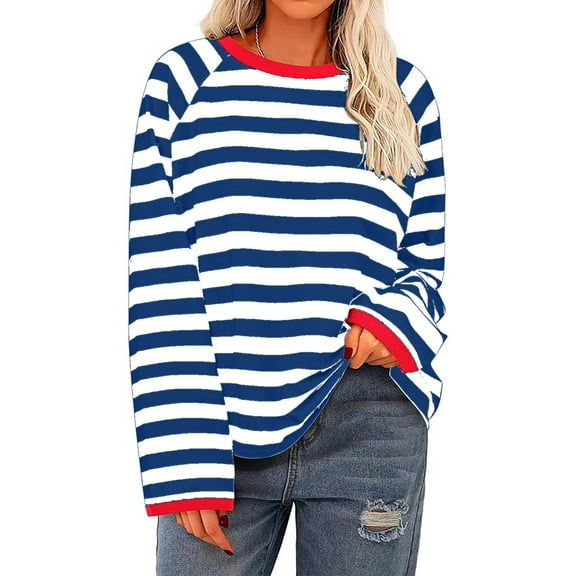Gnshining Oversized Sweatshirts for Women Striped Long Sleeve Tops Color Block Crew Neck Fall Casual Loose Pullovers