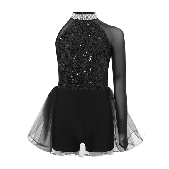 SiiRoh Girls Shiny Sequin Ballet Tulle Skirted Leotard Jazz Dance Outfit One Piece Jumpsuit Gymnastics Bodysuit Black 14