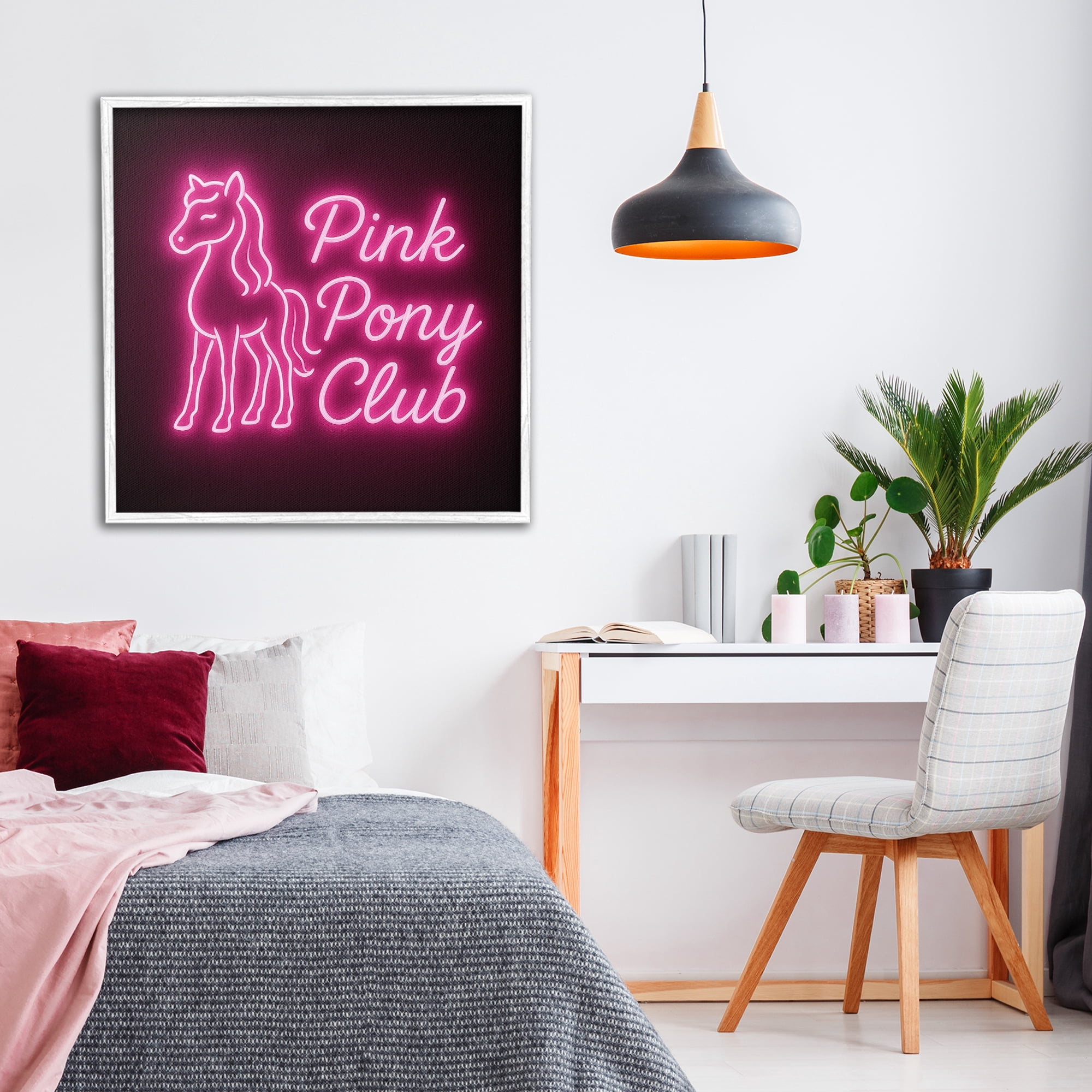 Stupell Industries Pink Pony Club Neon White Framed Giclee Art, design by Grotto Studios