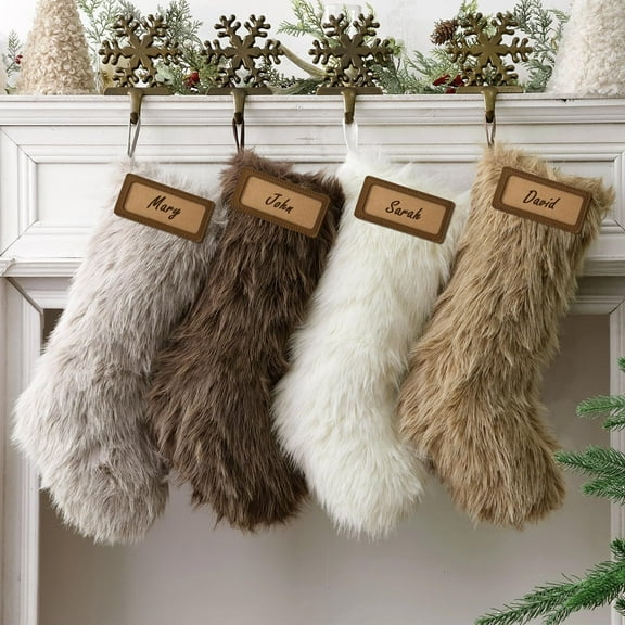Personalized Christmas Stockings, 4 Pcs 18 Inch Neutral Luxury Thick Plush Faux Fur Stocking, Neutral Colors of White Brown Grey, Christmas Home Décor Xmas Party Christmas Decorations Winter Gifts