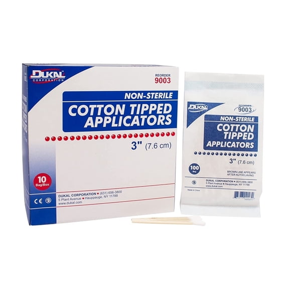 Dukal Cotton Tipped Applicators 3 inch. Case of 1000 Swabsticks. Wood shaft, 100% cotton tip. Non-Sterile swabsticks for medical applications. Single use.