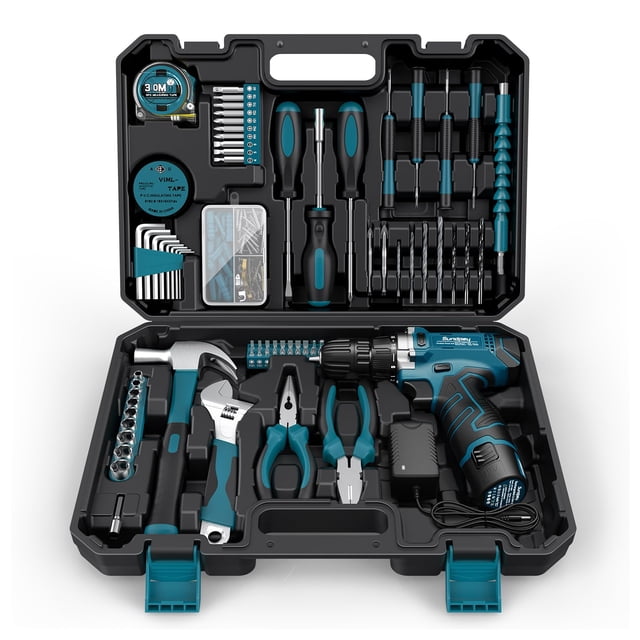Kit de herramientas Sundpey 206 piezas con combinación de taladro eléctrico inalámbrico de 12 V