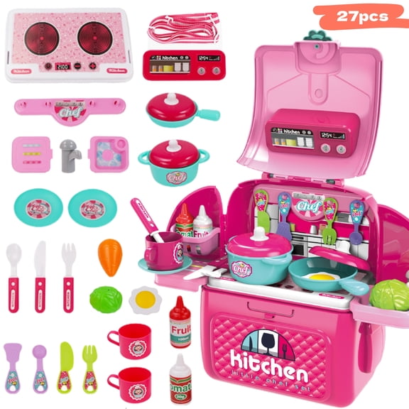 Kids Kitchen Toys Set, 26pcs Toddler Toy Kitchen Playset with Cooking Stove, Cookware Pot & Pan, Play Food Toy and Kitchen Accessories, Pretend Play Kitchen Toy for Girls Boys (15.7 * 15.5 * 8.5in)