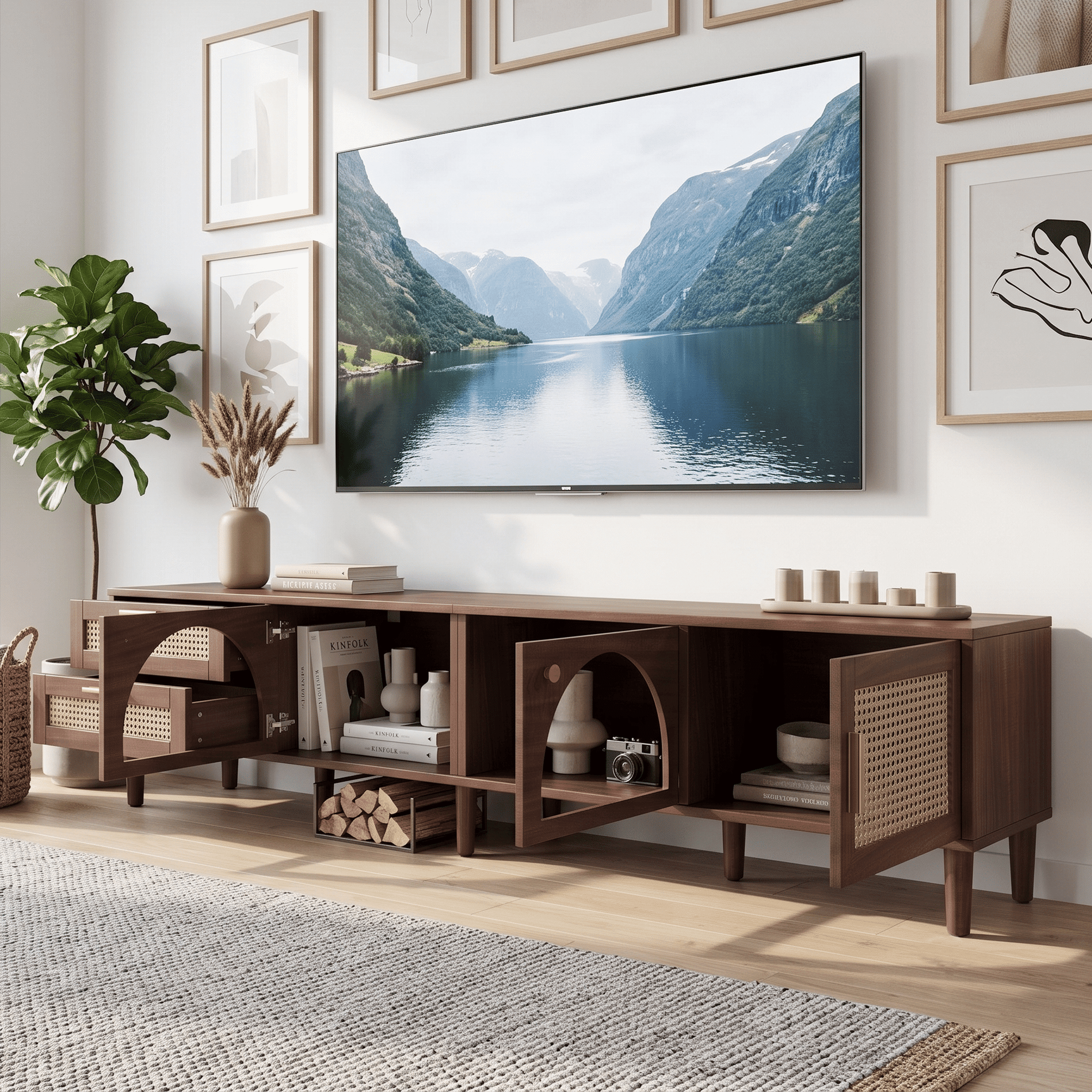 Homy Casa 86.6" Walnut TV Stand for 90" TVs with App LED Lights, 2 Glass Doors and Rattan Cabinet