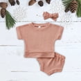 thumbnail image 2 of Bullpiano 3Pcs Baby Short Sleeve Solid Tee Tops+Shorts+Headband Set, Newborn Summer Clothes Suit, Toddler Outfits, 0-24 Months, 2 of 6