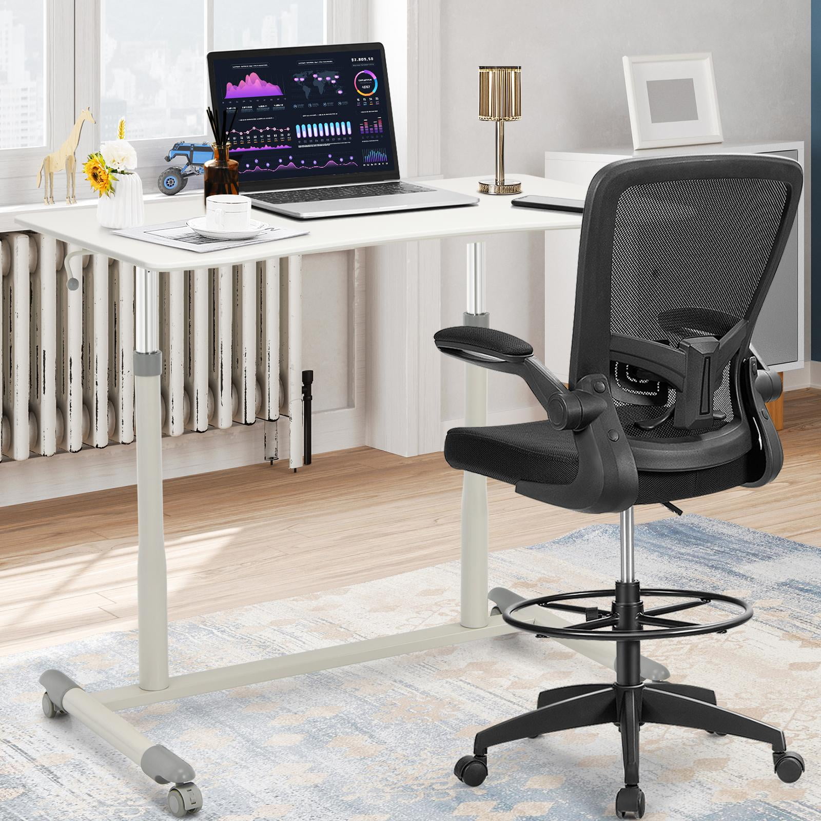 Giantex Mobile Height Adjustable Standing Desk, Compact Pneumatic Sit to Stand Computer Desk w/ Lockable Casters, Ergonomic Rolling Laptop Table for Home Office, White