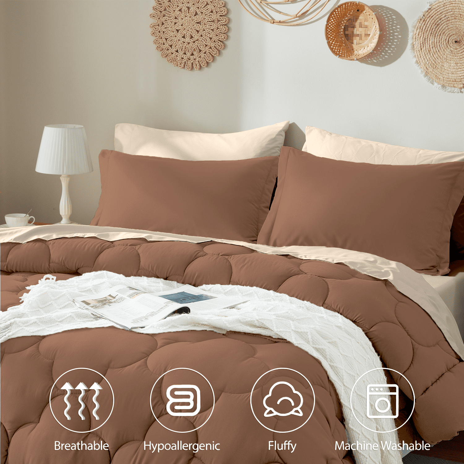 Bedtreat Full Comforter Sets，7-Pieces Reversible Bedding Sets，Bed in a Bag with Comforter， Flat Sheet and Fitted Sheet, Pillowcases & Shams，Mocha/Sand Dollar