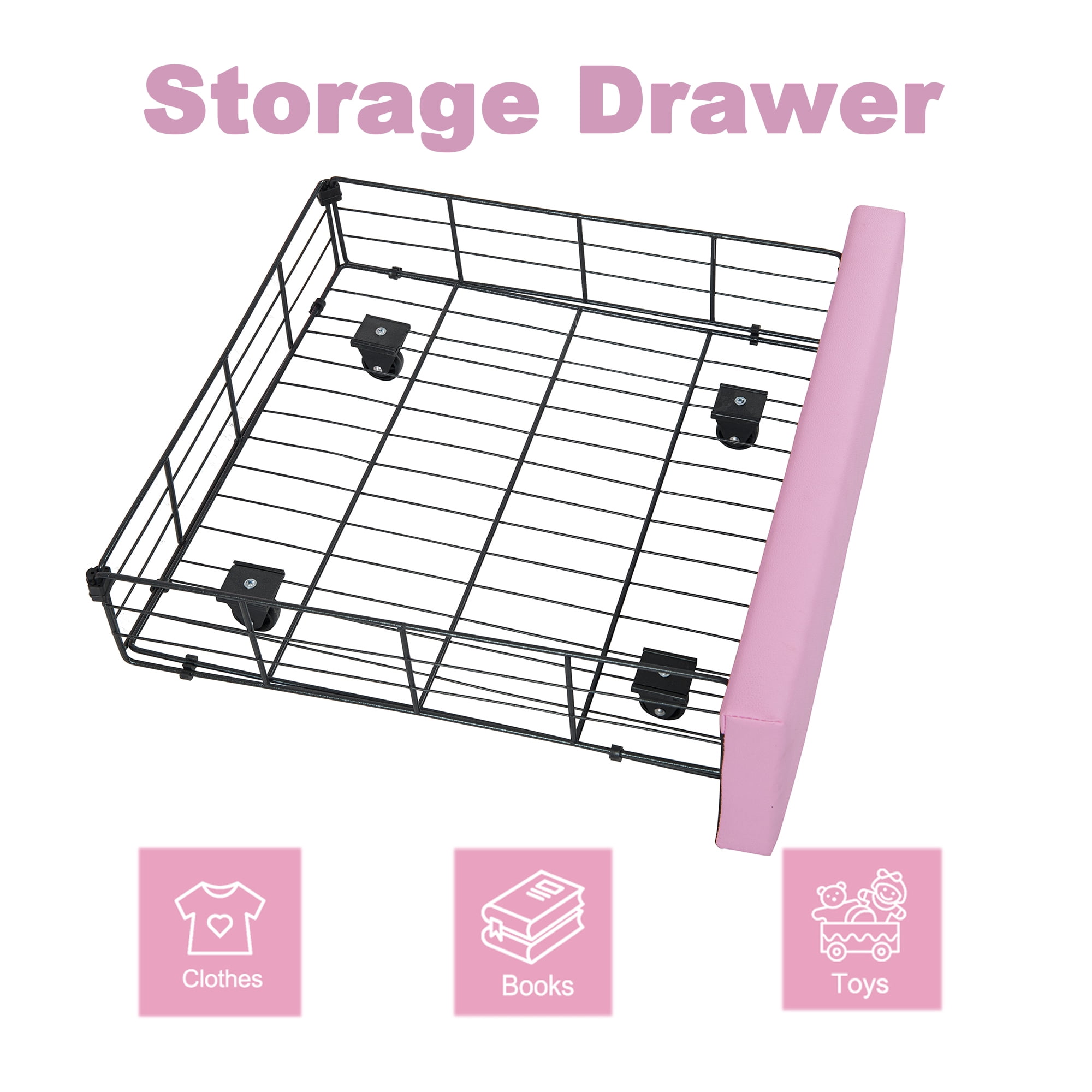 Bellemave Full Size Upholstered LED Bed with Storage Drawers, Princess Platform Bed with Crown Headboard, Pink Cute Girls Full Beds with Wooden Slats Support, No Box Spring Needed-Pink