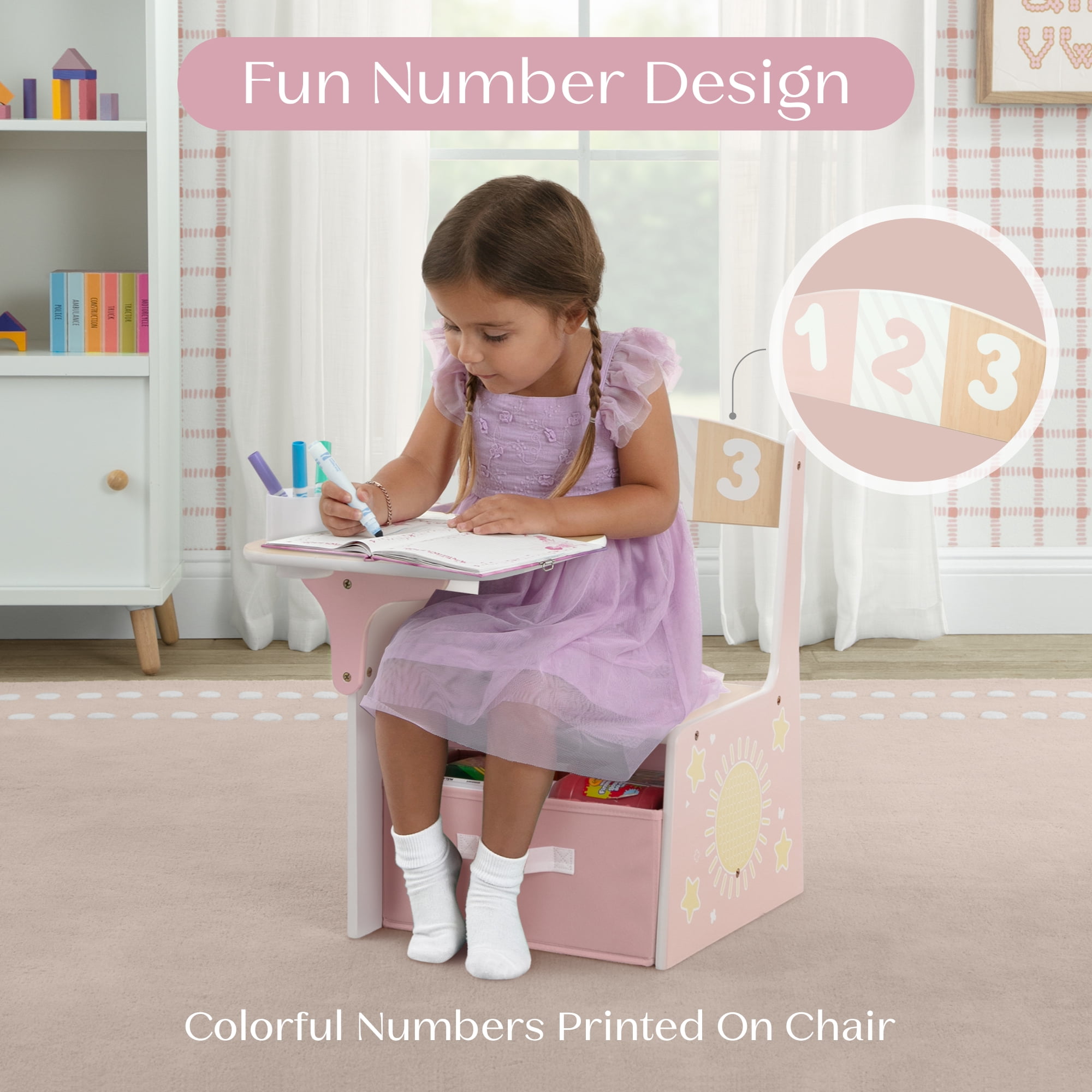 Delta Children 123 Numbers Chair Desk with Storage Bin, Natural & Pink
