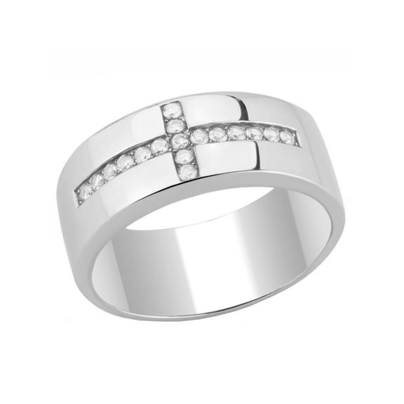 Round Clear CZ Set on Cross 316 Stainless Steel Mens Ring - Size 8