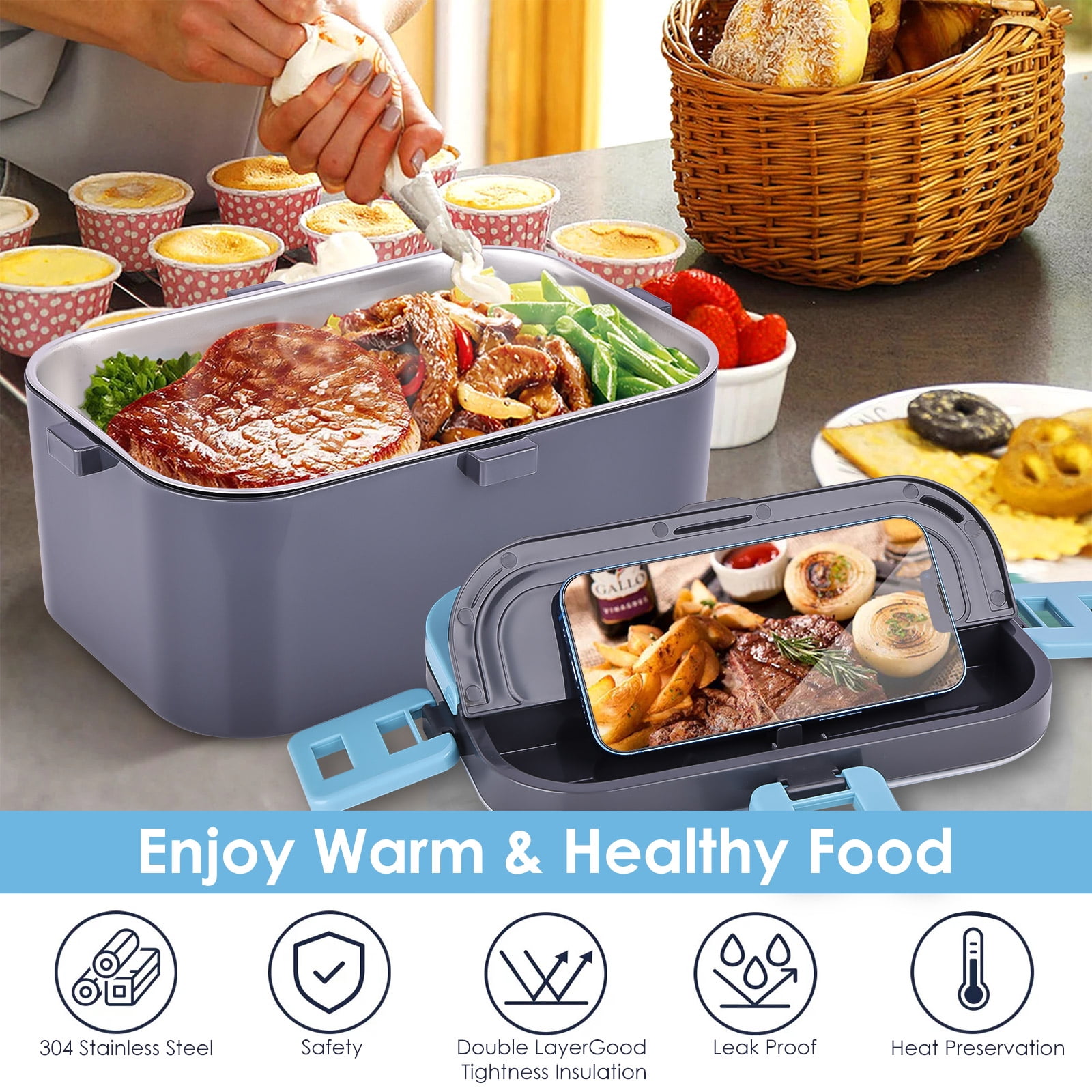 Electric Lunch Box Food Heater for Work, 100W Heated Lunch Box for Adults, Portable Food Warmer with 2 Packs Stainless Steel Containers for Car, Office, School with Carry Bag 12V-24V 110V