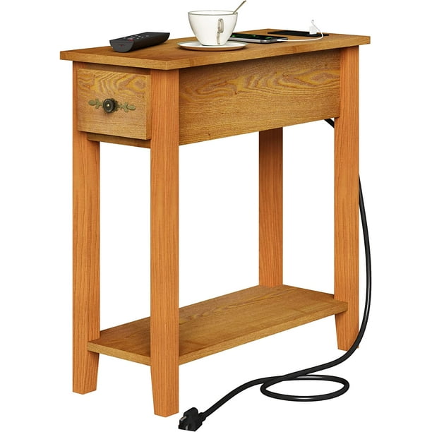 Narrow End Table with Charging Station, Sofa End Table Living Room with