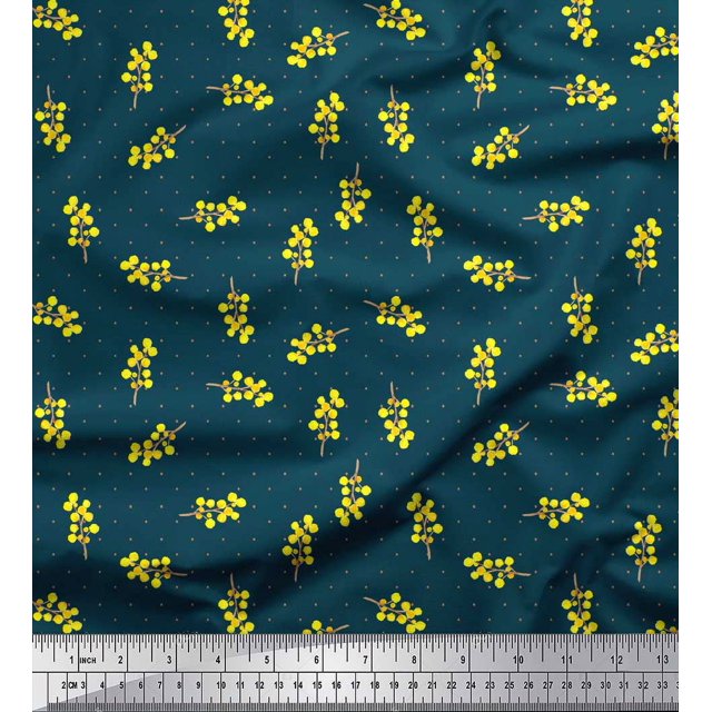 Soimoi Blue Japan Crepe Satin Fabric Yellow Flower & Dots Print Sewing Fabric Yard 42 Inch Wide